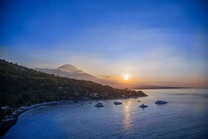 Jemeluk Bay and Mount Agung from the Bukit Jemeluk viewpoint, 5 minutes by scooter